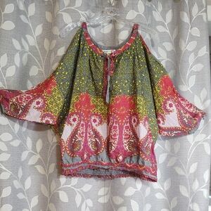 Umgee Cold Shoulder Bohemian Floral Women's Top size M